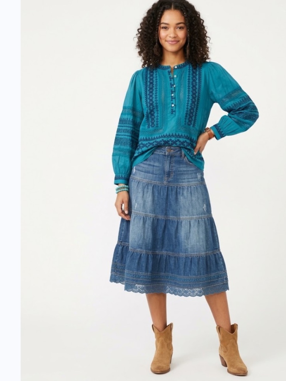 Sundance Almara Top Embroidered Long Sleeve in Pretty Teal Blue - Size PXXS